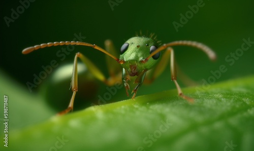  a close up of a green insect on a green leaf. generative ai