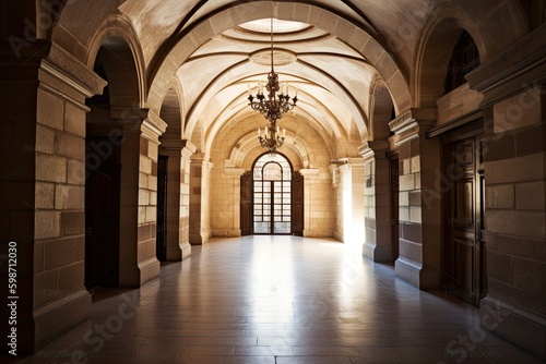 Glorious Ancient Arch of a Spanish Palace Interior  Stone Columns and Corridors of an Old Church  Generative AI