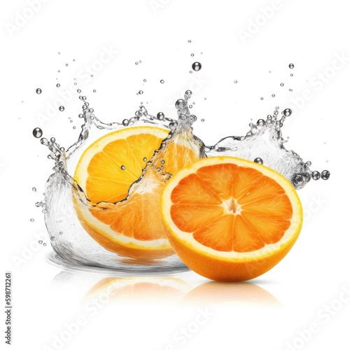 orange slices in water splash, isolated on white background, generative ai