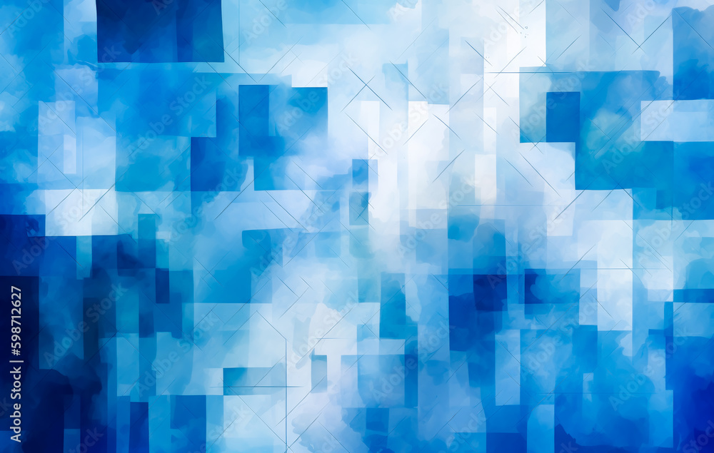 Blue and abstract pattern background, style soft geometric cubism, ethereal watercolor. Generative Ai.
