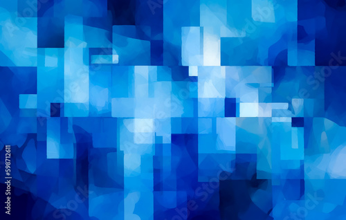 Blue and abstract pattern background, style soft geometric cubism, ethereal watercolor. Generative Ai. 