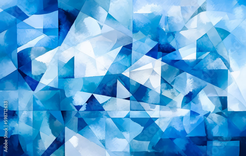 Blue and abstract pattern background, style soft geometric cubism, ethereal watercolor. Generative Ai. 