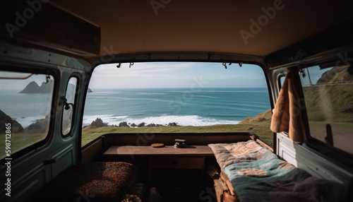 View of the sea and the beach from the interior of a vintage van for camping and traveling, generated AI
