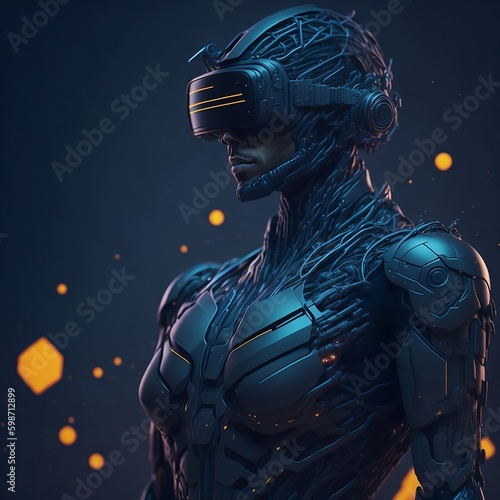 An AI man in the future  wearing VR glasses  immersed in a virtual global world  connected to the internet and experiencing a new reality in the metaverse.