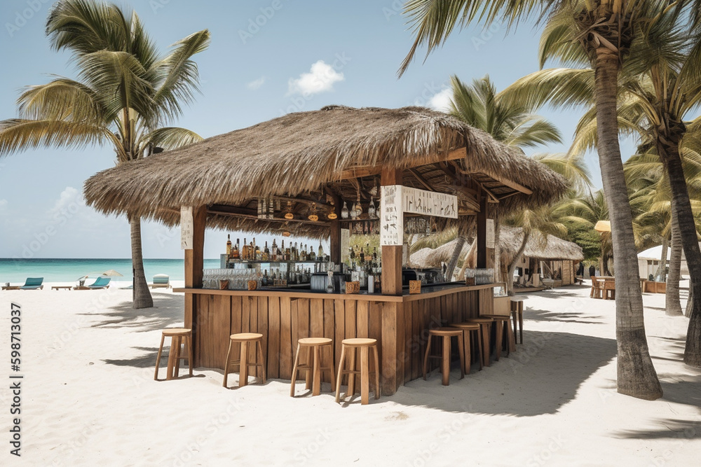 Fototapeta premium Wooden beach cocktail bar on tropical island in carribean, summer holiday in paradise