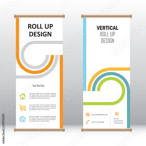 Vertical roll up banner design for business and advertising, display mock up layout template, data visualization and communication, promotion advertisement