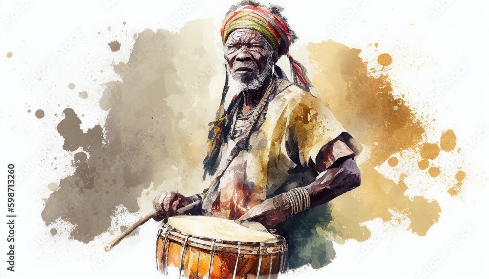 Naklejka premium Portrait of an African drummer in watercolor style by Generative AI