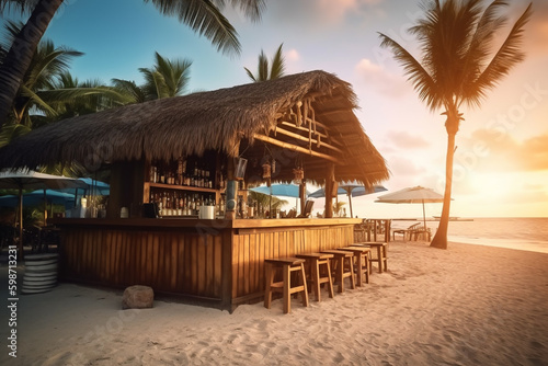 Wooden beach cocktail bar on tropical island in carribean, summer holiday in paradise
