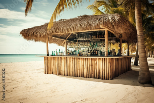 Wooden beach cocktail bar on tropical island in carribean, summer holiday in paradise photo