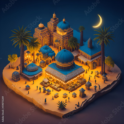 isometric of arabic villages and towns for muslim celebration day background illustration