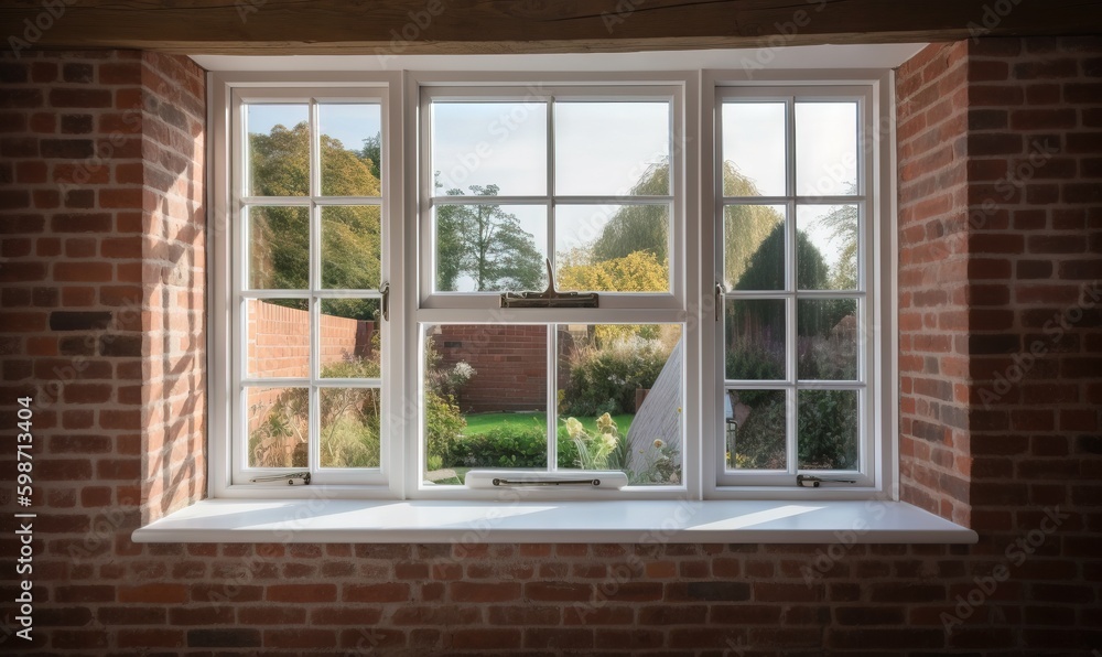 a brick wall with a white window and a brick wall. generative ai a brick wall with a white window and a brick wall. generative ai