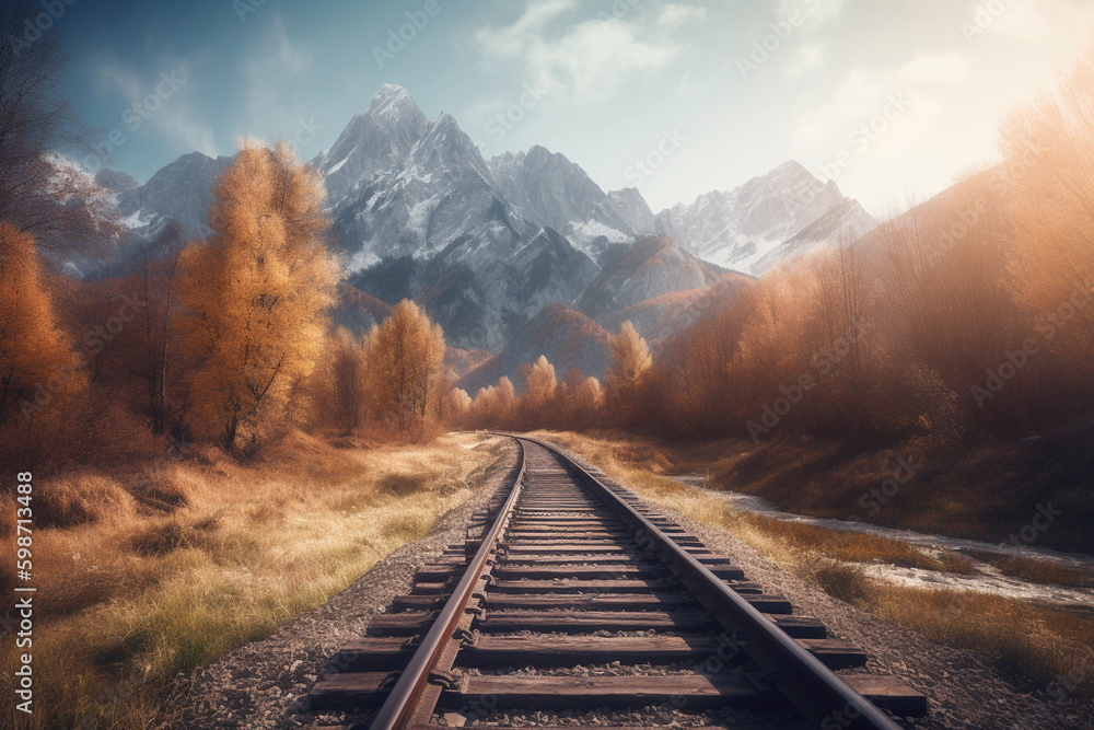 Fototapeta premium Railroad track through nature landscape, train railway for passenger or industry cargo transport
