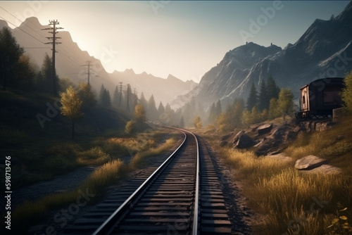 Railroad track through nature landscape  train railway for passenger or industry cargo transport