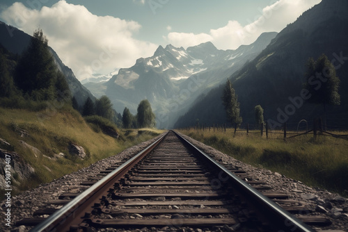Railroad track through nature landscape  train railway for passenger or industry cargo transport