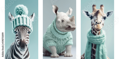 Collage of wild animals zebra, giraffe and rhinoceros in warm knitwear, hat, scarf and sweater Fototapet