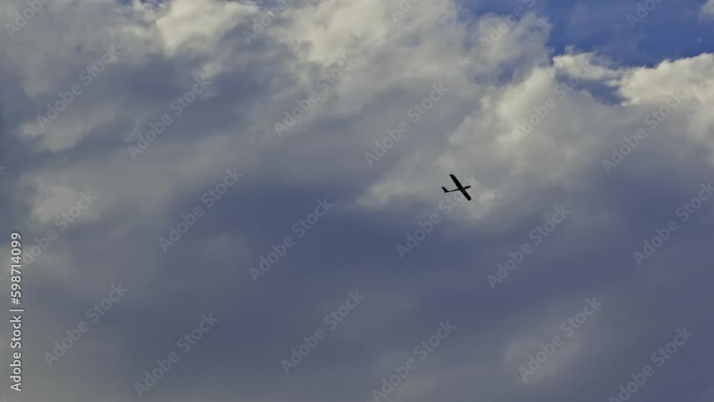 Ukraine Circa spring 2023 -A drone an airplane is flying against the background of the sky. Ukraine Circa spring 2023 -A drone an airplane is flying against the background of the sky.