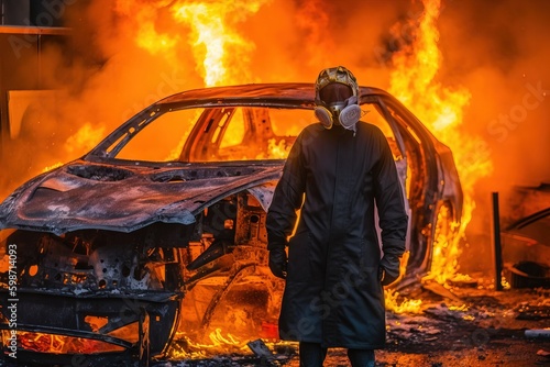 person standing in front of a burning car at a riot wearing a respirator mask