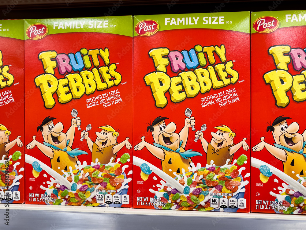 ATLANTA, MAY 2, 2023 Boxes of Post Fruity Pebbles breakfast