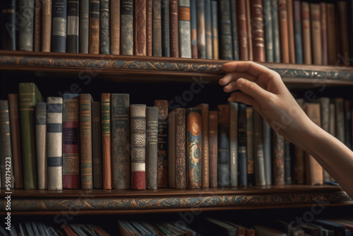 a person's hand selecting a book from a library. generative AI photo