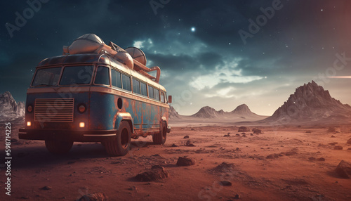 Unusual space travel concept, vintage van on an unknown planet of the night starry sky background , generated AI