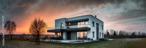 Modern house at sunset, sunset house landscape, panorama, Bauhaus style. Share Prompt
