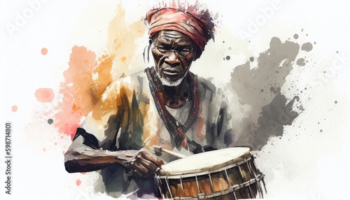 Portrait of an African drummer in watercolor style by Generative AI © sonatik