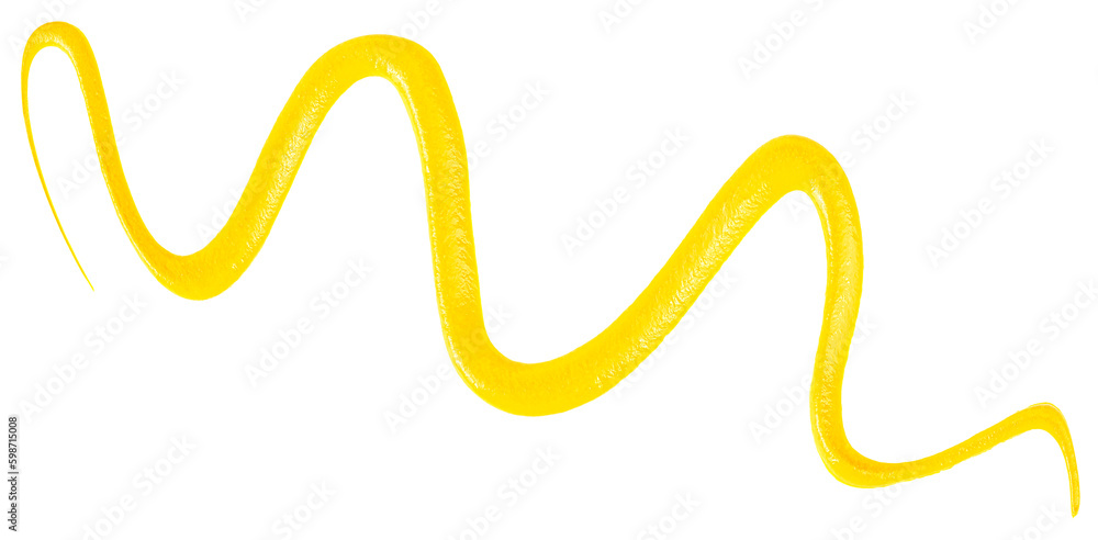 Mustard spill isolated on a white background, top view. Mustard sauce wavy line. Mustard spill isolated on a white background, top view. Mustard sauce wavy line.