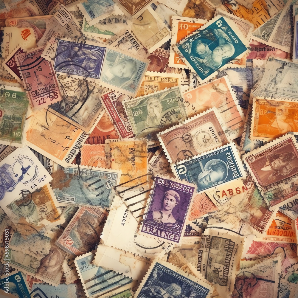 A pile of scattered, vintage postage stamps. generative AI