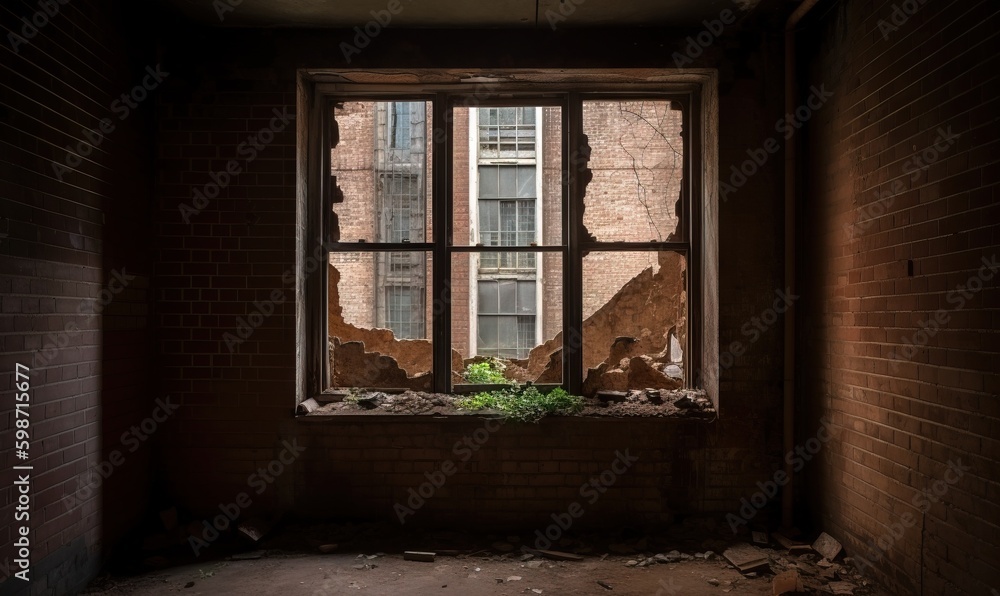 a broken window in an old building with a plant growing out of it. generative ai a broken window in an old building with a plant growing out of it. generative ai