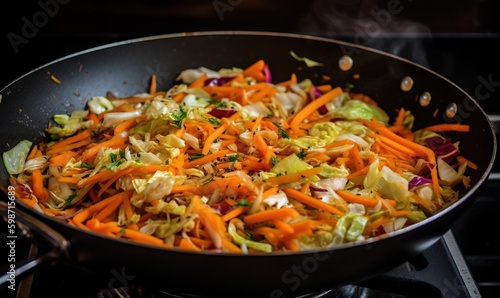  a wok filled with lots of vegetables cooking on top of a stove.  generative ai