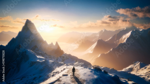 A magnificent mountain range at sunrise, the golden light illuminating the snow-capped peaks, a lone hiker stands atop a summit. Generated AI © francodelgrando