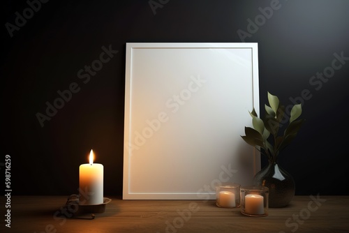White canvas frame over dark background over wooden shelve with candles and a plant. Copy space. Generative AI