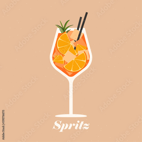 Aperol spritz cocktail on the beige background. Vector illustration of trendy alcohol drink. Summer cocktail aperitif with oranges and ice cubes