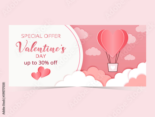 Valentine's Day special offer 30% off poster or banner set with many papercut hearts. Promotion and shopping template or background for Love and Valentine's day concept