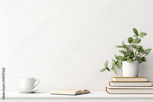 Interior wall mockup with green plant in pot and pile of books with cup on empty white background with free space on center. 3D rendering