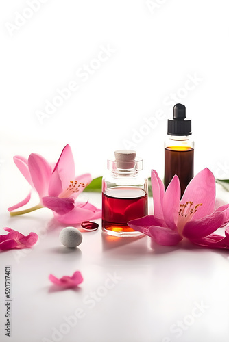 Beautiful spa composition on white background. Natural skincare cosmetic products. AI generated