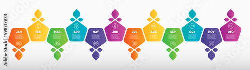 Annual Business Development Plan. Eco Business concept with options, steps or processes. Investors calendar for twelve months. Timeline or infographics with 12 parts. Production calendar.