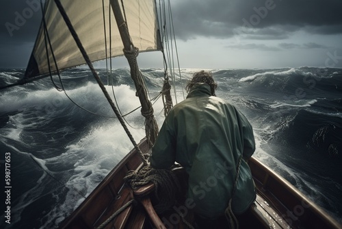 Fotografia illustration, a lone sailor in treacherous water, ai generative