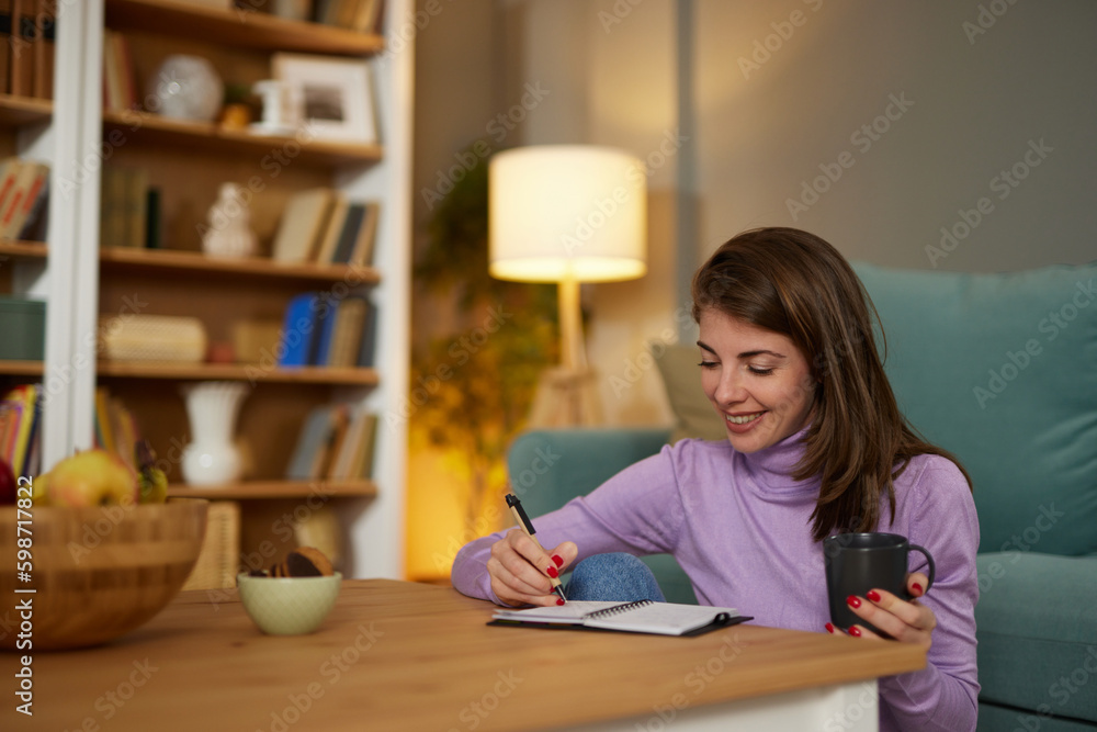 Pretty young woman sitting in cozy living room and making notes to her diary Pretty young woman sitting in cozy living room and making notes to her diary