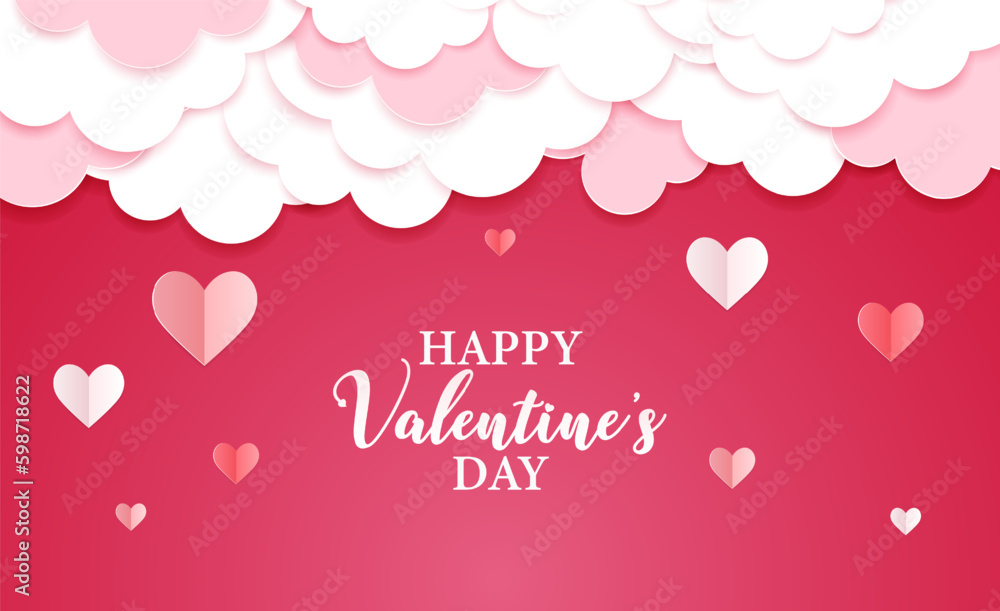 Happy Valentine's day header or voucher template with hearts and clouds. Poster or banner with white and pink paper cut clouds. Place for text. Happy Valentine's day header or voucher template with hearts and clouds. Poster or banner with white and pink paper cut clouds. Place for text.