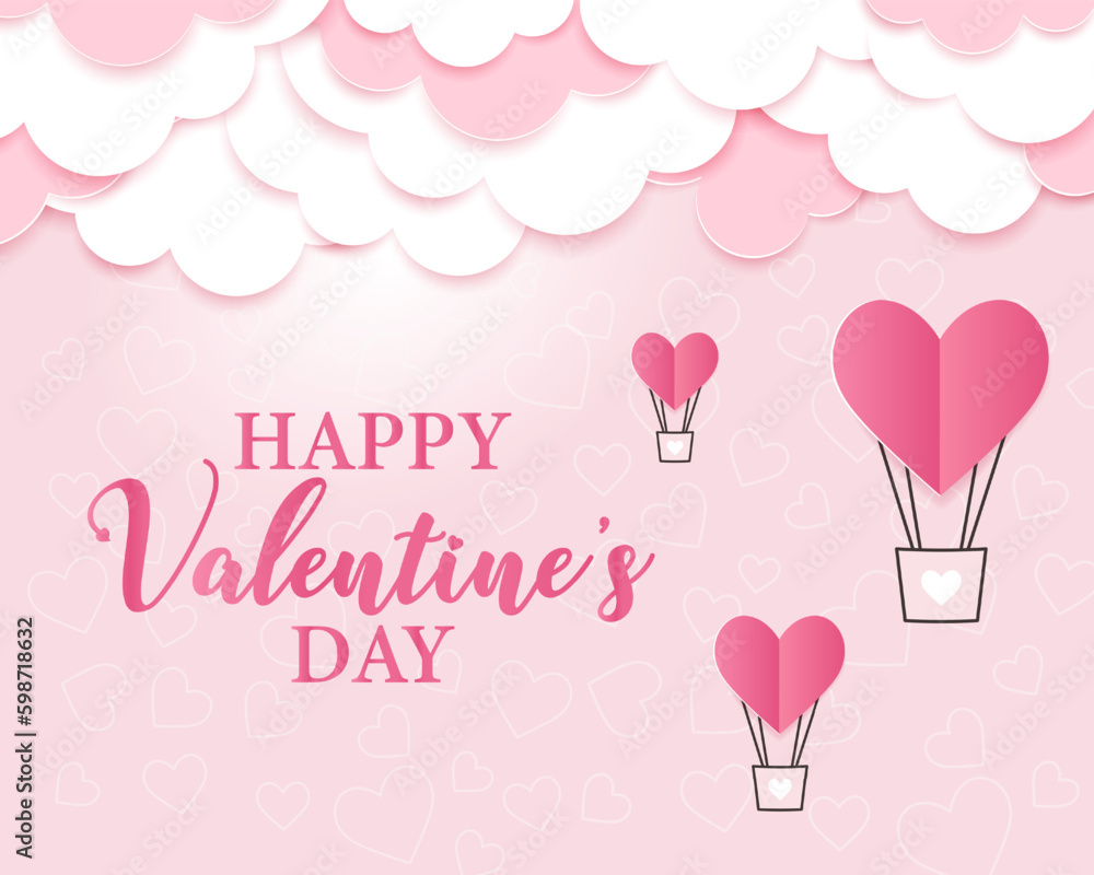 Valentine's Day postcard template with heart shaped balloons and bow on pink background. Holiday vector illustration