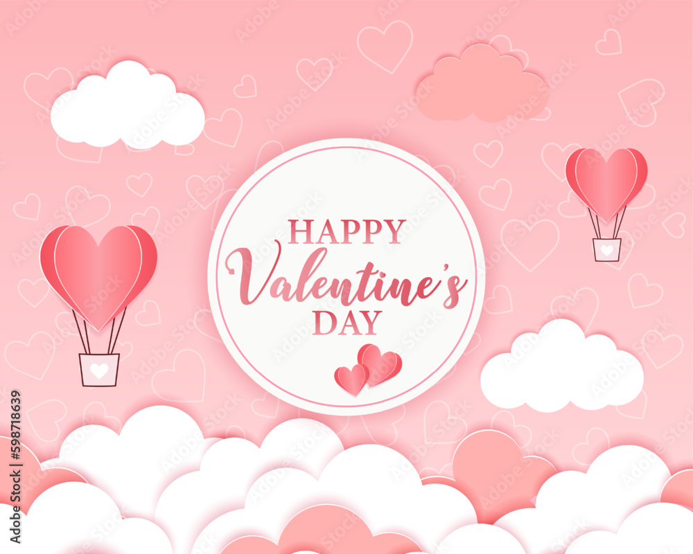 Valentine's Day postcard template with heart shaped balloons and bow on pink background. Holiday vector illustration