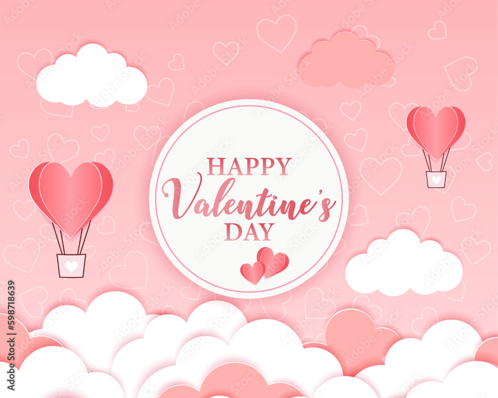 Valentine's Day postcard template with heart shaped balloons and bow on pink background. Holiday vector illustration Valentine's Day postcard template with heart shaped balloons and bow on pink background. Holiday vector illustration