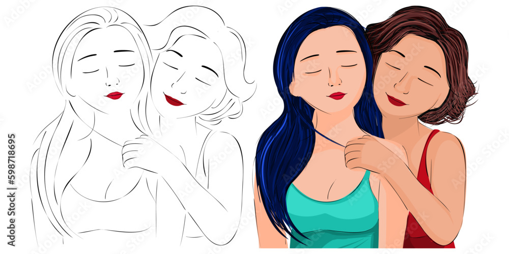 Lesbian couple flat design illustration. Portrait of two beautiful girls in an intimate abstraction. Interacial women with romantic same sex partner are flirting, hugging, kissing. LGBTQ relationship