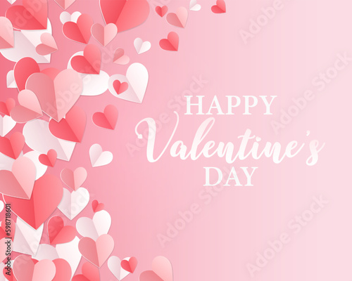 Valentine's Day postcard template with hearts on pink background. Holiday vector illustration. Papercut style