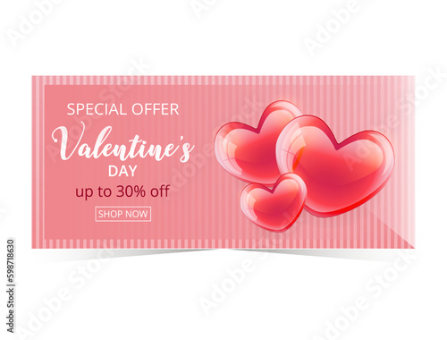 Valentine's Day special offer 30% off poster or banner with many hearts. Promotion and shopping template or background for Love and Valentine's day concept