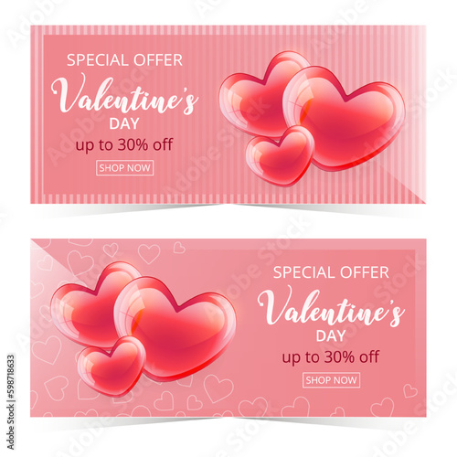 Valentine's Day special offer 30% off poster or banner set with many hearts. Promotion and shopping template or background for Love and Valentine's day concept