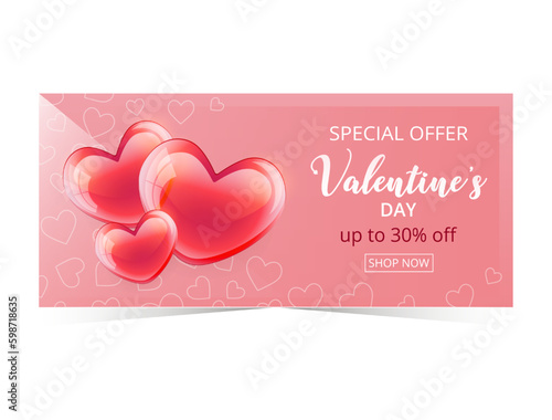 Valentine's Day special offer 30% off poster or banner with many hearts. Promotion and shopping template or background for Love and Valentine's day concept