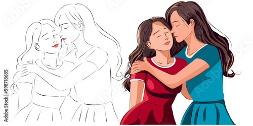 Lesbian couple flat design illustration. Portrait of two beautiful girls in an intimate abstraction. Interacial women with romantic same sex partner are flirting, hugging, kissing. LGBTQ relationship