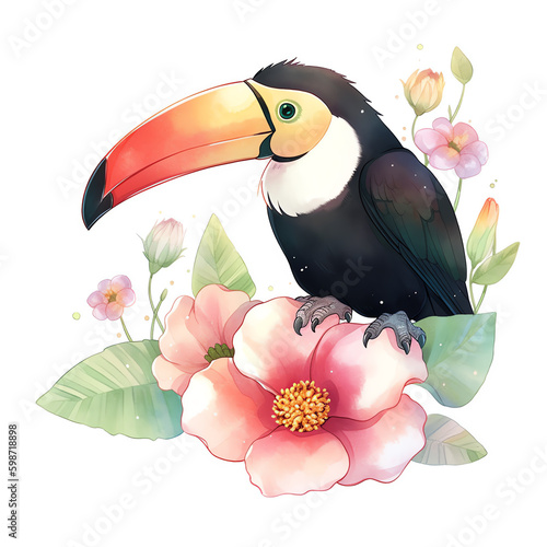 Tropical Beauty: Watercolour of Toucan on Pink Flower photo